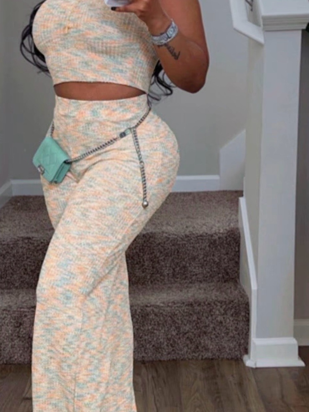 Women's Two-Piece Ribbed Knit Crop Top & Wide-Leg Pants Set - Peach Multi - Picture 3 of 3